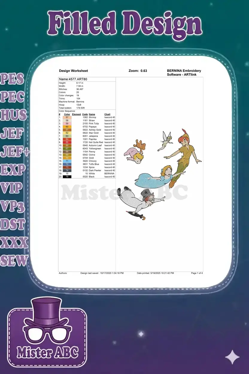 Detailed embroidery design worksheet showing technical specifications, thread colors, and stitch counts for project 4577.ART80.