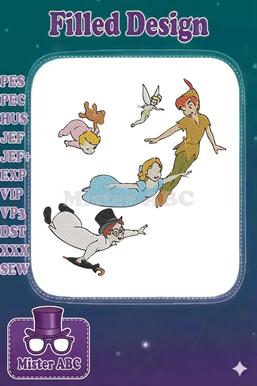 Embroidery design of Peter Pan, Tinkerbell, Wendy, John, and Michael Darling flying gracefully on a white background.