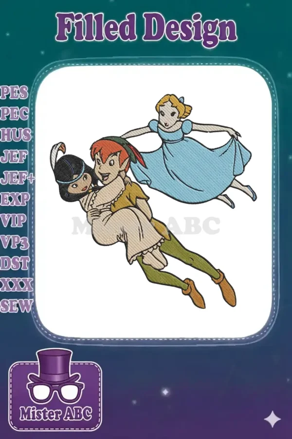 Vibrant embroidery of Peter Pan, Tiger Lily, and Wendy Darling soaring through the air together.