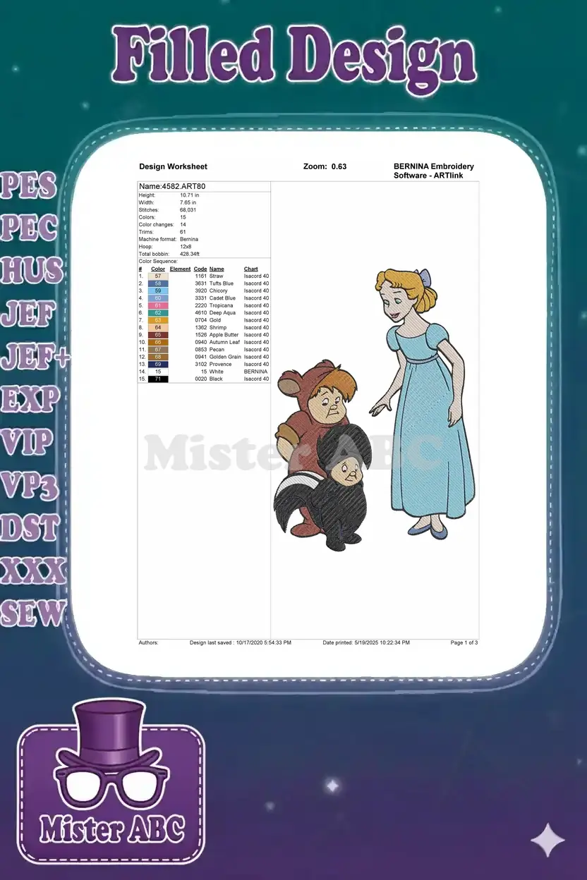 Embroidery design worksheet detailing dimensions, stitch count, color sequence, and machine compatibility for the design.