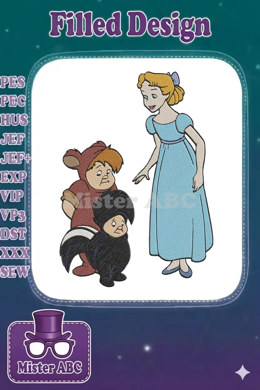 Wendy Darling in a blue dress, standing with two Lost Boys in animal costumes, a bear and a skunk, embroidered design.