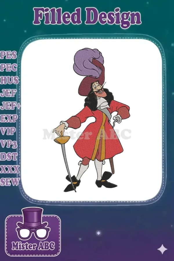 A vibrant embroidery design of Captain Hook, the iconic Disney villain, with his sword and signature feathered hat.