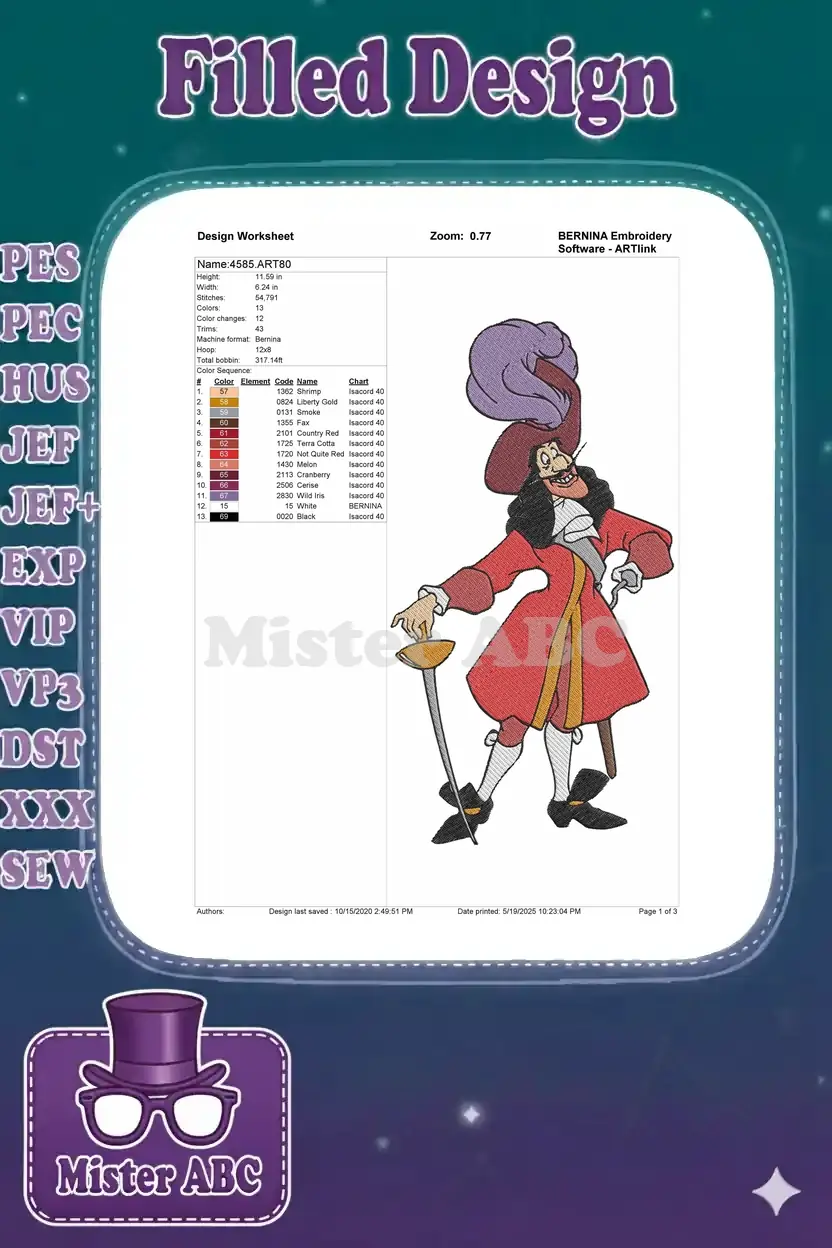 An embroidery design worksheet for Captain Hook, detailing dimensions, stitch count, color changes, and thread chart.