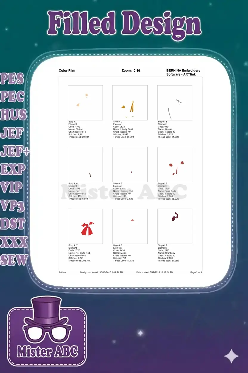Color film page one for the Captain Hook embroidery, showing the first set of individual color stop elements and thread usage.