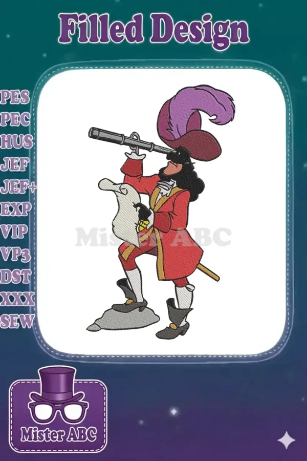 A vibrant embroidery design of Captain Hook, the pirate captain, peering through a telescope with a map in hand.