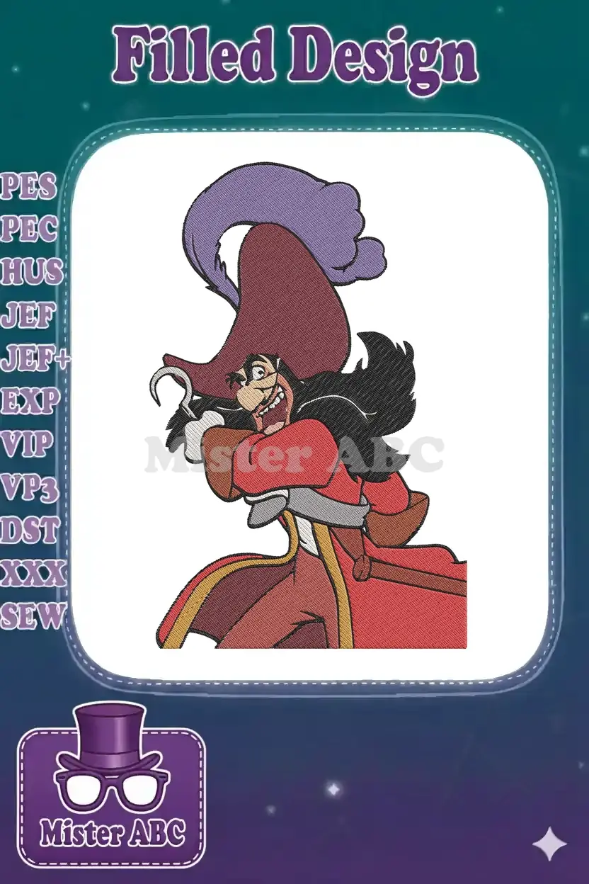A vibrant digital embroidery design of Captain Hook from Peter Pan, featuring his iconic red coat and hat.