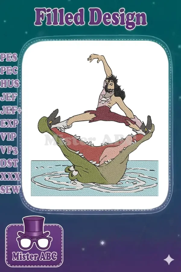 Full-color embroidery design of Captain Hook mid-air, leaping over the open, toothy mouth of the grinning crocodile.