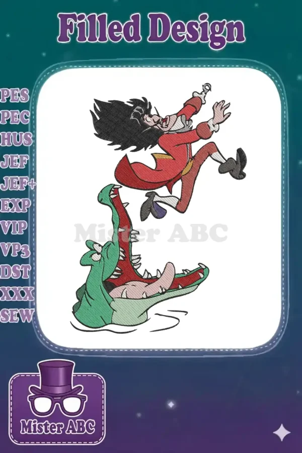 Captain Hook in a red coat, black hair, mid-jump, desperately escaping the open jaws of a green crocodile.