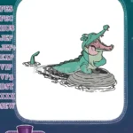 Playful cartoon green alligator yawning on rock embroidery designs - Instant Download