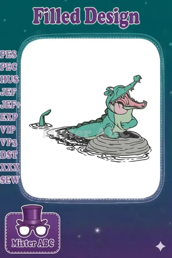 Vibrant cartoon crocodile embroidery design with a wide-open mouth, sitting on a rock in water.