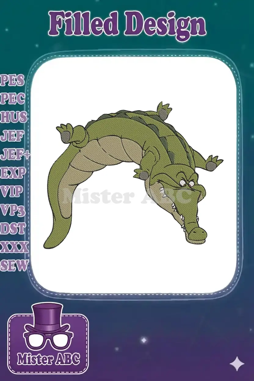 A vibrant embroidery design featuring Tick-Tock Croc from Peter Pan, with striking green scales and a menacing grin.