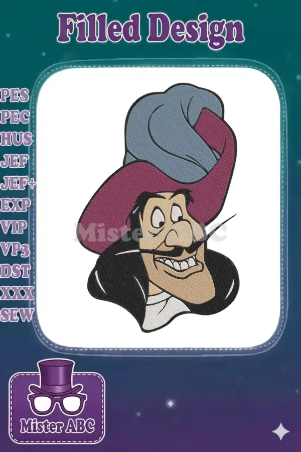 A vibrant embroidery design featuring Captain Hook's smiling face and iconic hat, detailed with various thread colors.