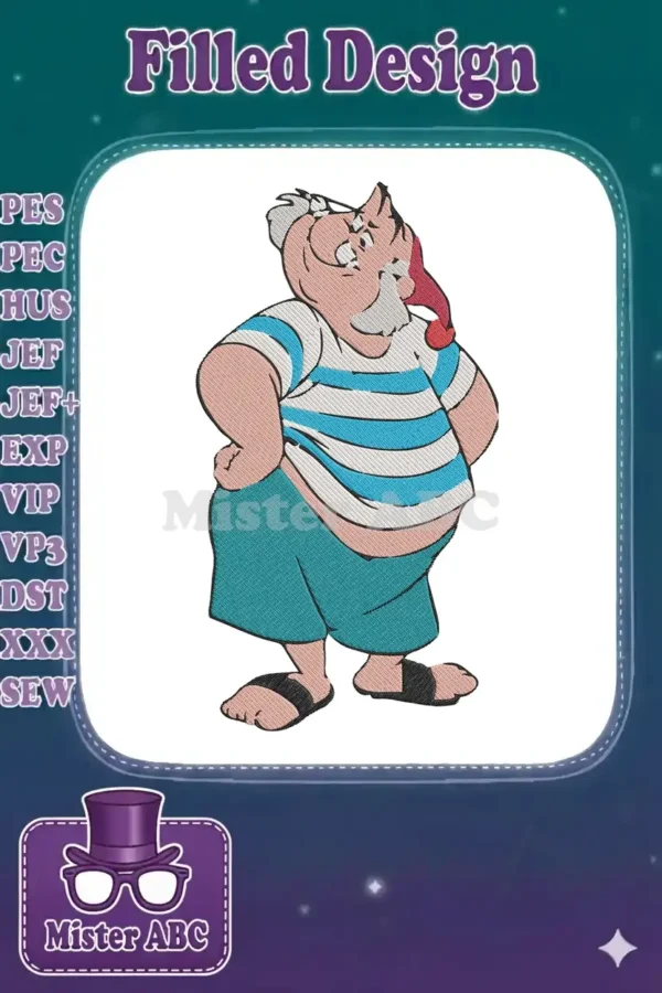 A vibrant embroidery design of a stout, bearded captain in a striped shirt and red hat, ready for adventure.