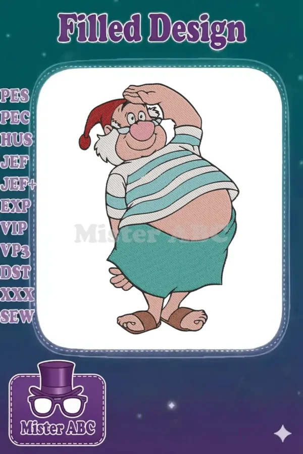 Full-color embroidery design of Mr. Smee, the cheerful pirate from Peter Pan, shading his eyes with a smile.