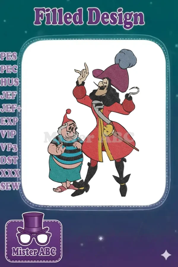 Captain Hook and Mr. Smee embroidery design, vibrant and detailed, perfect for fans of classic animated tales.