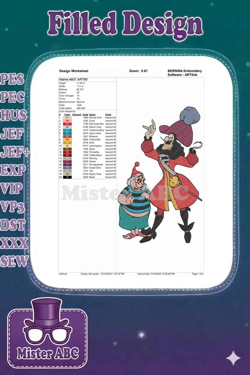 Embroidery design worksheet for Captain Hook and Mr. Smee, detailing stitches, colors, and dimensions.