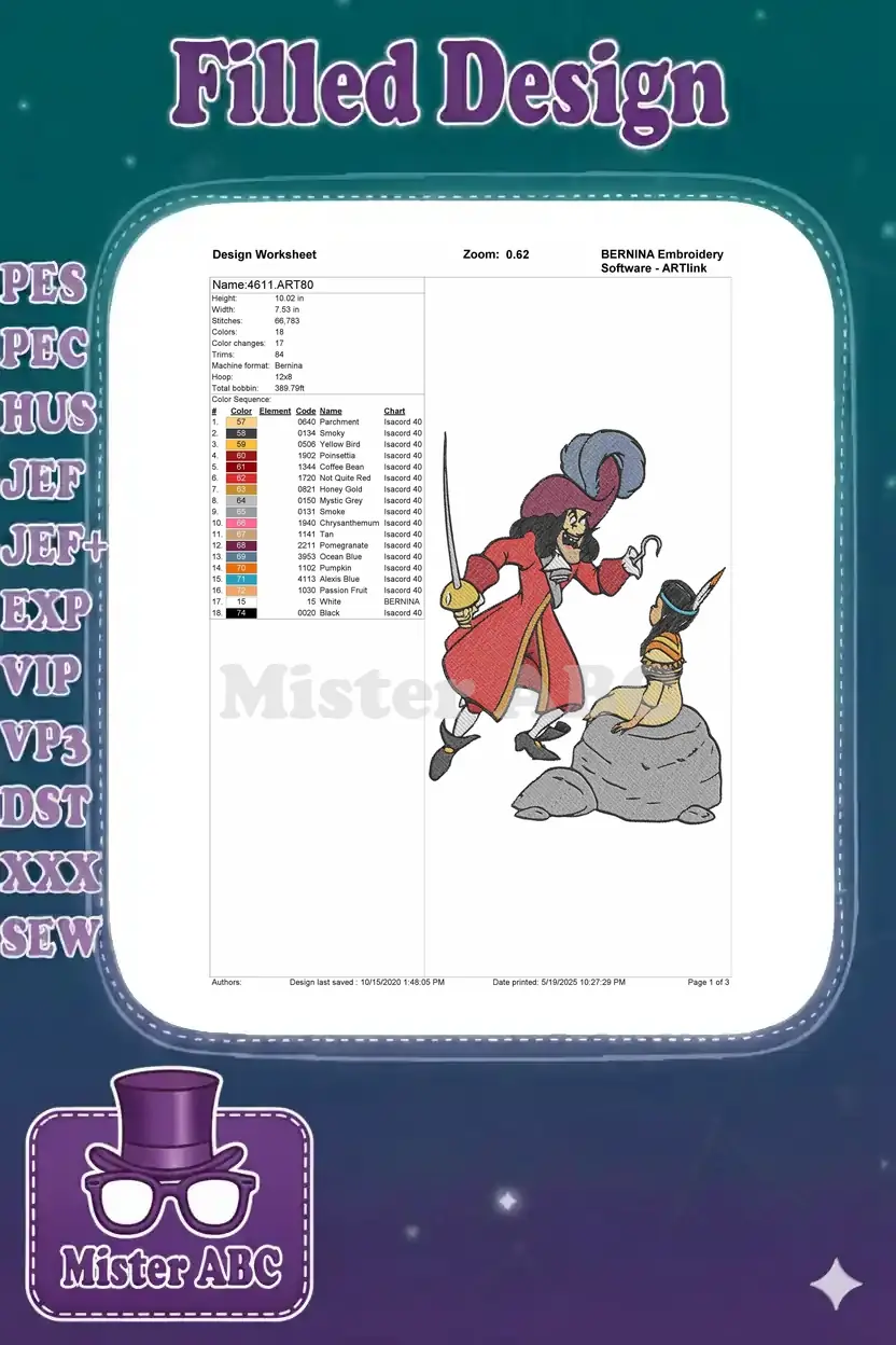 Embroidery design worksheet for '4611.ART80' showing dimensions, stitch count, color chart, and machine details.