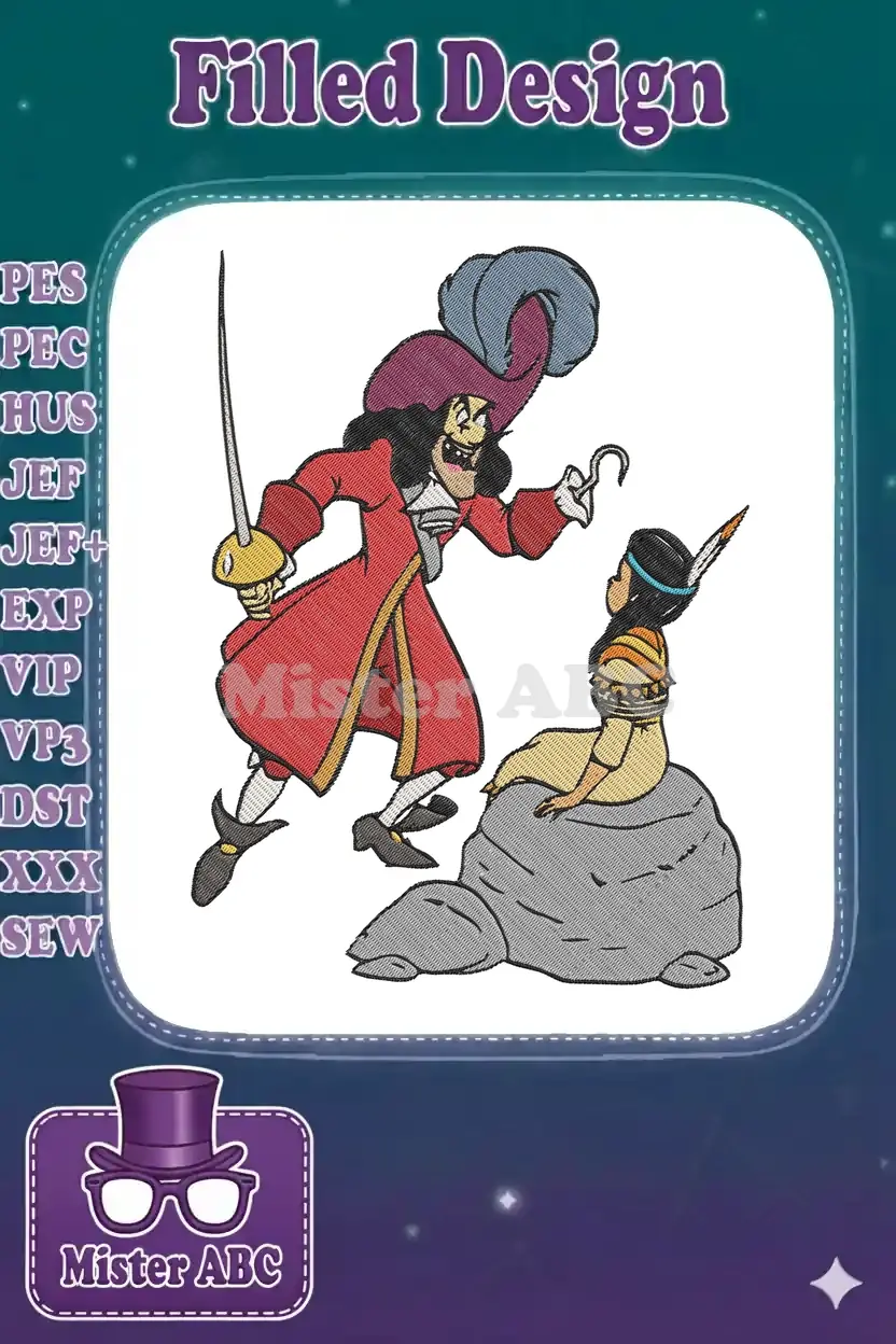 Captain Hook with sword and hook, menacingly facing Tiger Lily seated on a rock. A vibrant Peter Pan embroidery design.