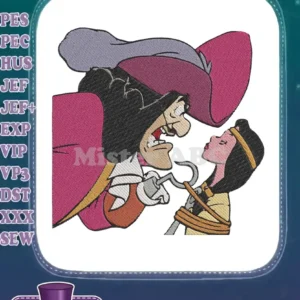 A detailed embroidery design featuring Captain Hook menacing a bound Tiger Lily, capturing a tense scene.