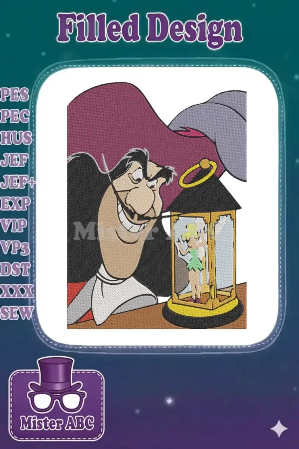 A vibrant embroidery design showcasing Captain Hook with a menacing grin, observing Tinker Bell trapped inside a lantern.