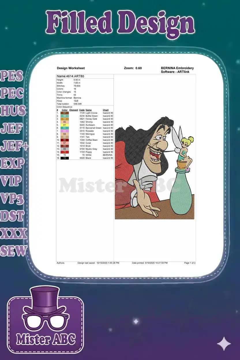 Embroidery design worksheet for Captain Hook and Tinker Bell, detailing stitches, colors, and dimensions.