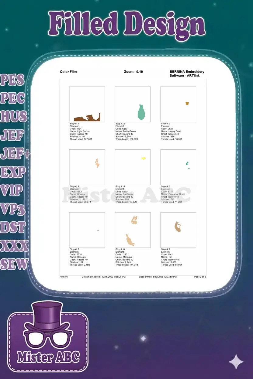 First part of the color film, showing individual stitch stops and thread usage for the embroidery design.