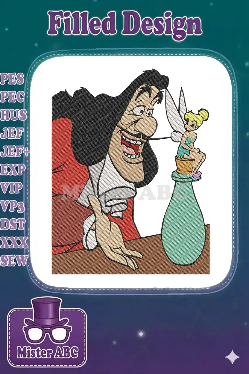 Detailed embroidery of Captain Hook looking mischievously at a tiny Tinker Bell trapped in a bottle.
