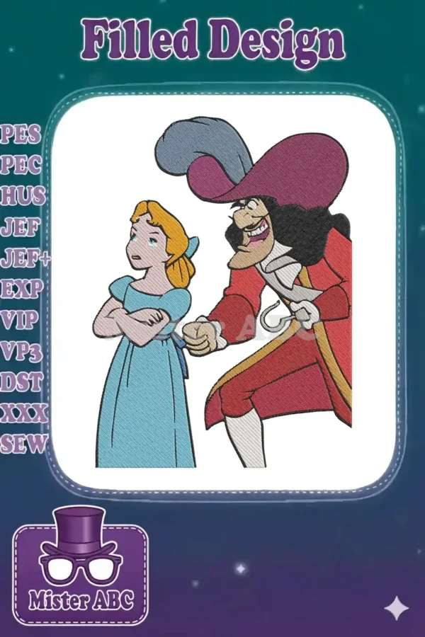 Captain Hook, with an evil grin, approaches a worried Wendy Darling in this detailed Peter Pan embroidery design.
