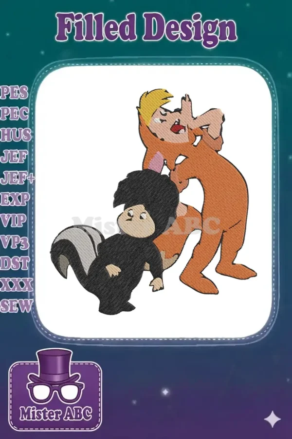 Embroidery design of a startled Piglet in an orange costume reacting to Roo, who is dressed as an adorable skunk.