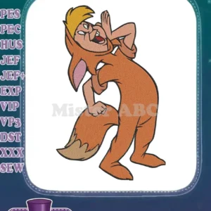 Embroidered Pinocchio in an orange fox costume, looking surprised with hands near face, vibrant cartoon style.