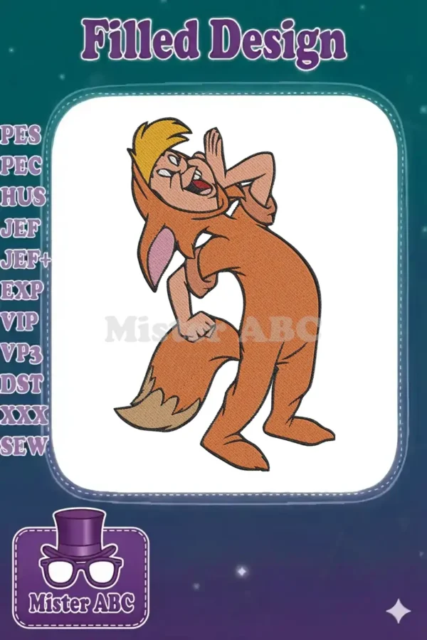 Embroidered Pinocchio in an orange fox costume, looking surprised with hands near face, vibrant cartoon style.