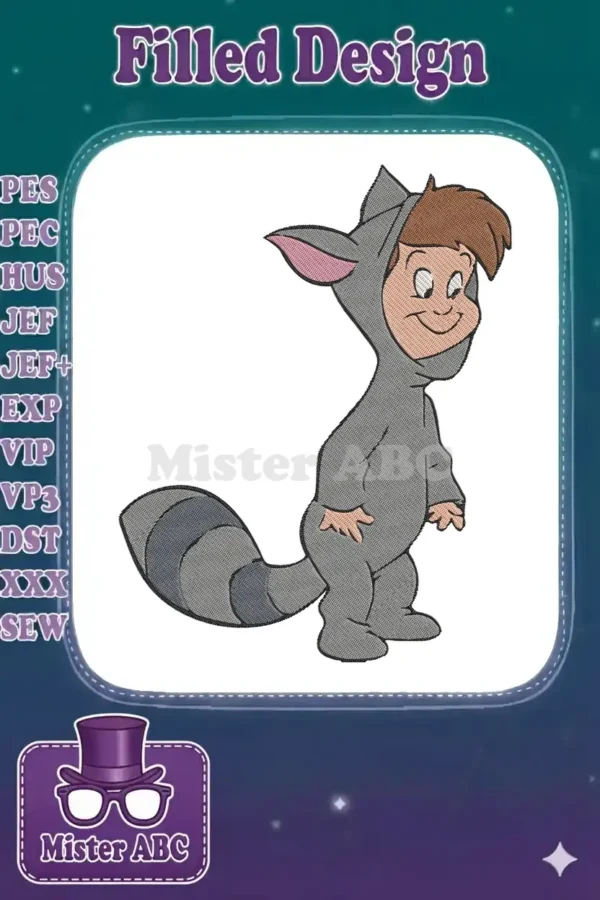 Embroidered design of a cheerful young boy in a grey raccoon costume with a striped tail and pink ears, smiling broadly.