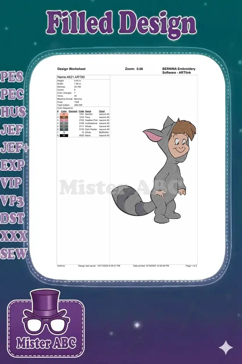 Embroidery design worksheet for item 4621, showing dimensions, stitch count, color sequence, and thread details.