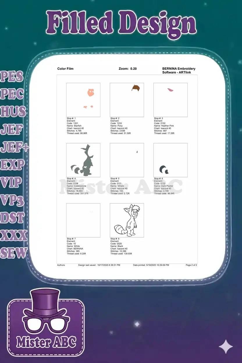 Color film breakdown for embroidery design 4621, illustrating each color element's stitch order and thread usage.
