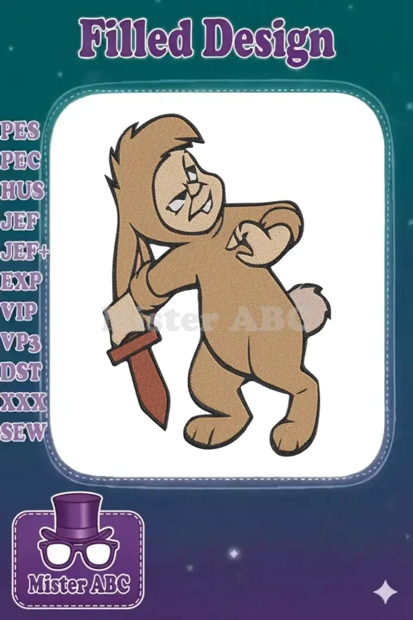Embroidered cartoon rabbit-like character with brown fur, white muzzle, and expressive eyes, holding a sword.