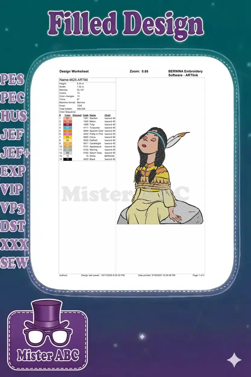 Embroidery design worksheet for Pocahontas, detailing dimensions, stitch count, color chart, and thread information.