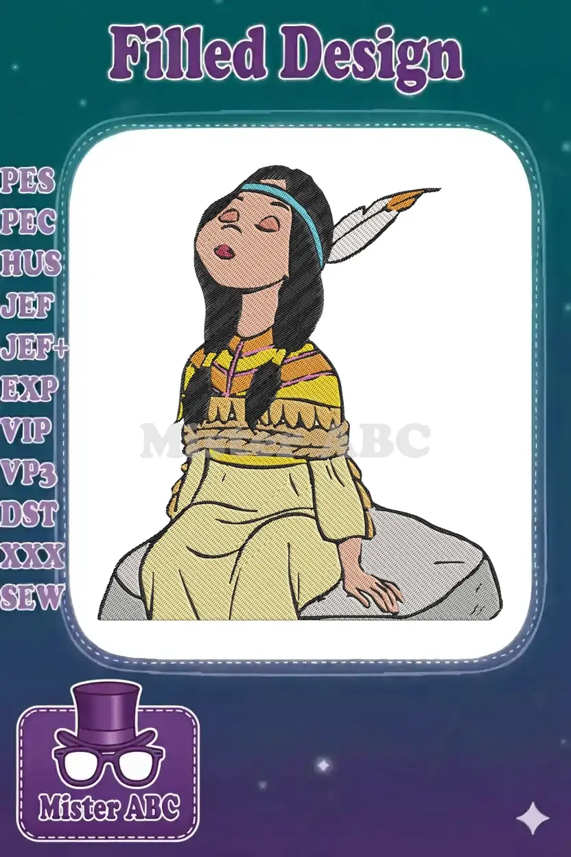 Embroidered Pocahontas design, bound on a rock, looking upwards with closed eyes, featuring vibrant colors and intricate detail.