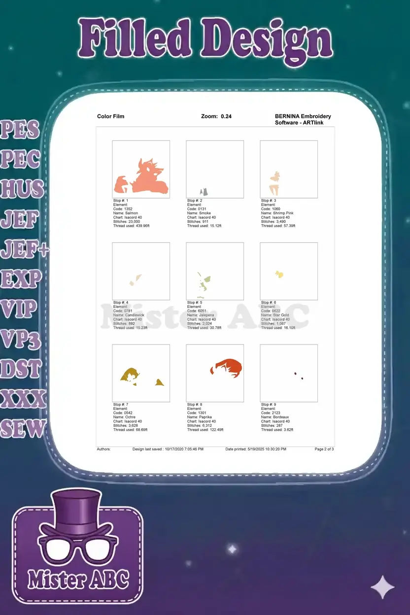 First segment of the color film for the Peter Pan and Tinker Bell embroidery, showing initial color stops.