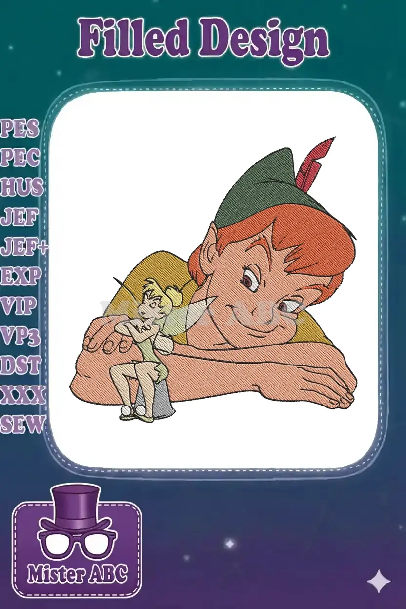 Vibrant embroidery of Peter Pan gently looking down at a dynamic Tinker Bell, capturing their classic adventure.