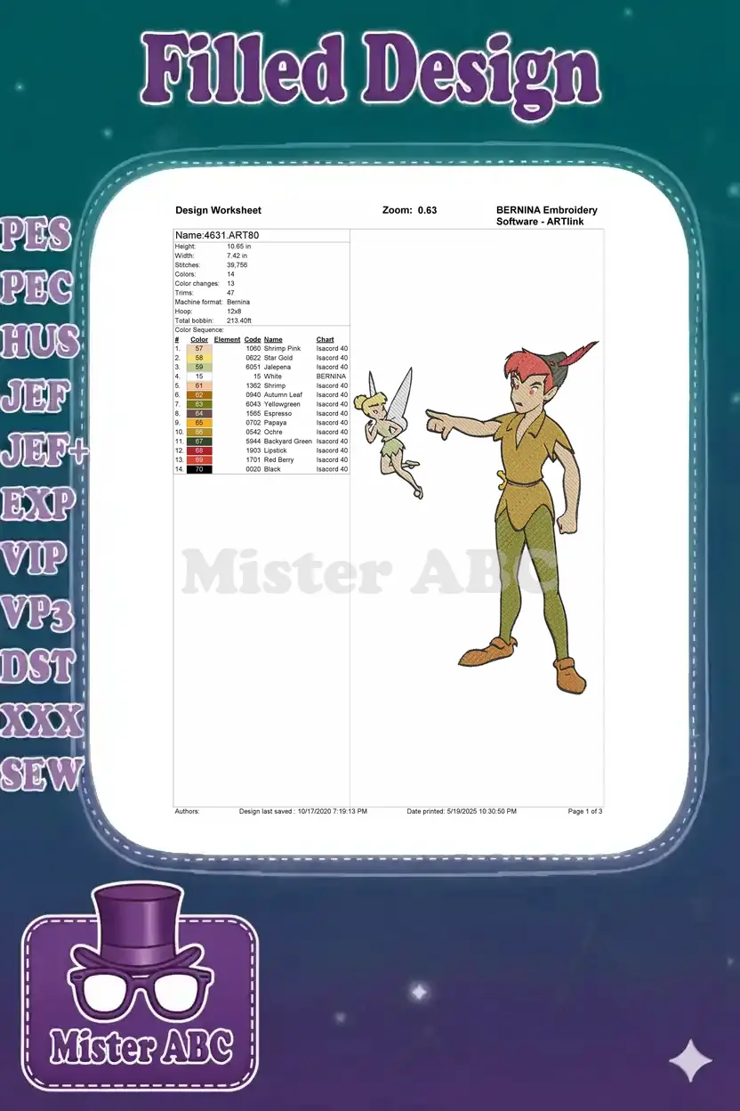 Detailed embroidery design worksheet for Peter Pan and Tinker Bell, showing dimensions, stitch count, and colors.