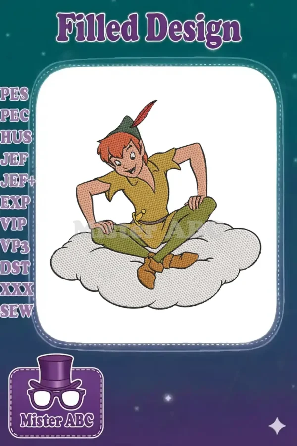 Detailed embroidery design of Peter Pan, the boy who never grows up, sitting cross-legged on a fluffy cloud, smiling brightly.