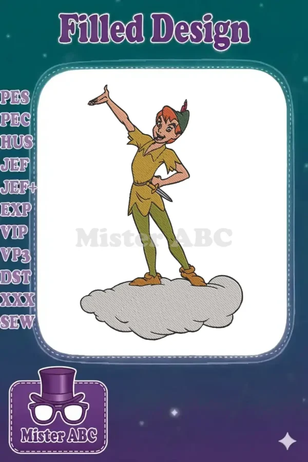 Vibrant embroidery design of Peter Pan, standing heroically on a fluffy white cloud, ready for adventure.