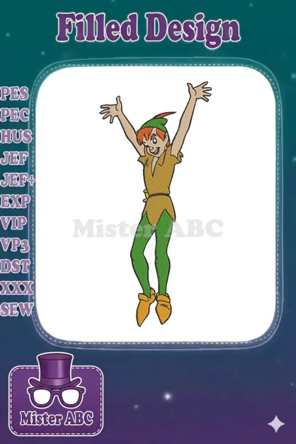 Dynamic Peter Pan embroidery design, arms joyfully raised, capturing his adventurous spirit with vibrant, detailed stitches.