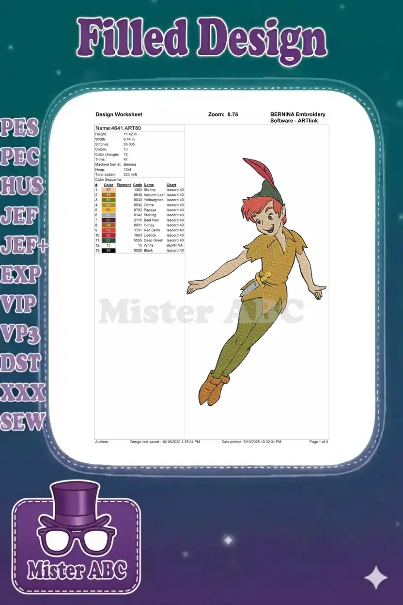 Embroidery design worksheet for Peter Pan, showing dimensions, stitch count, color sequence chart, and thread details.
