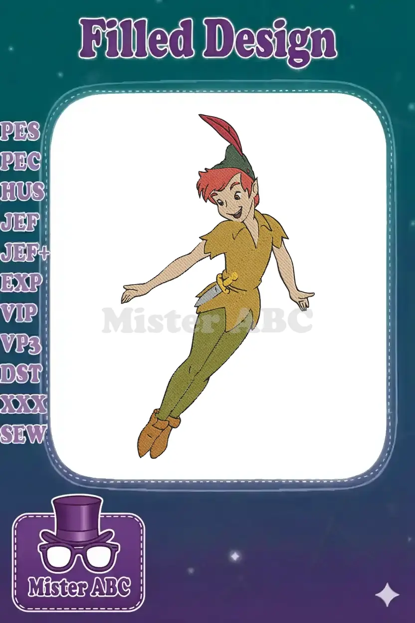 Full-color machine embroidery design of Peter Pan flying, depicted with vibrant yellow-green tunic, red feather, and brown boots.