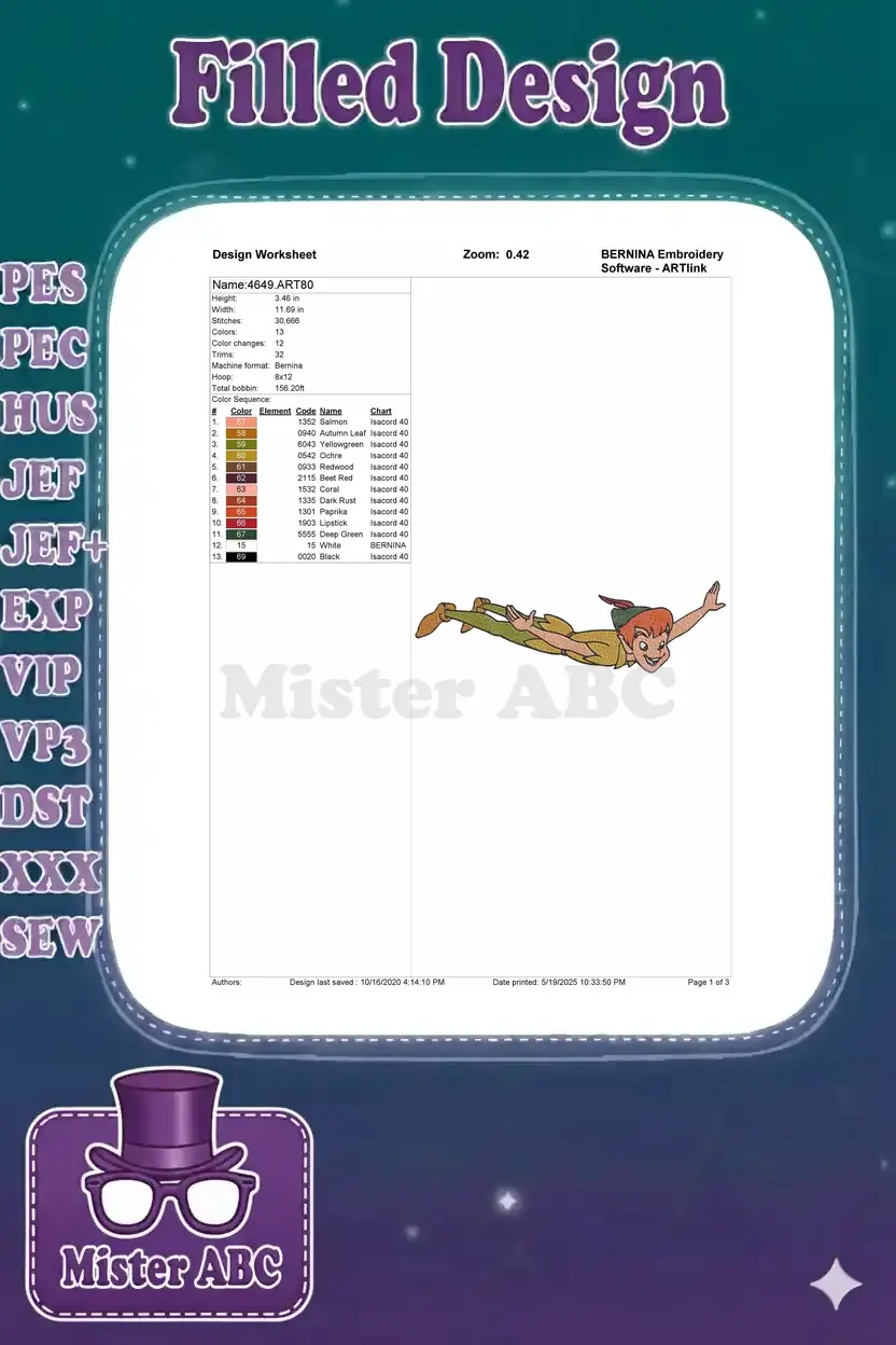 A detailed embroidery design worksheet for Peter Pan, showing dimensions, stitch count, and color sequence.