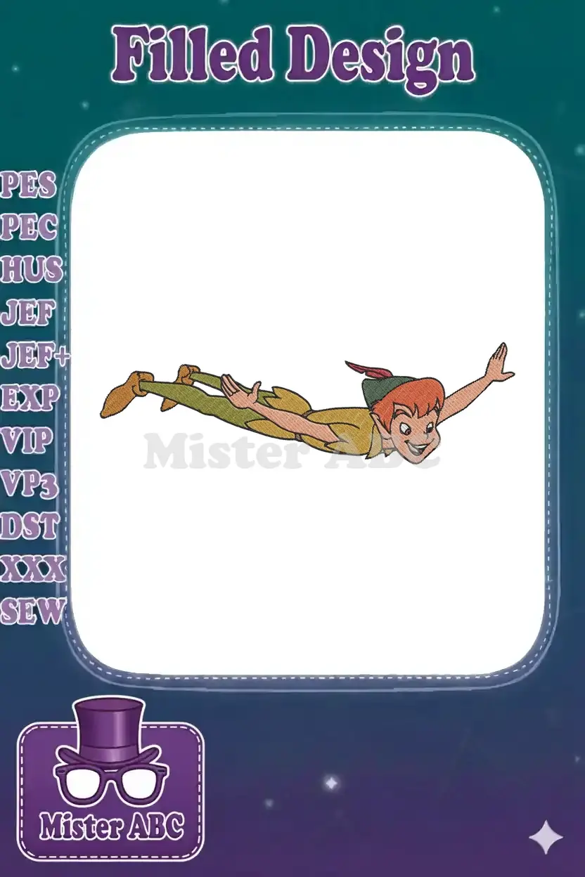 A vibrant embroidery design featuring Peter Pan flying with outstretched arms, ready for magical adventures.