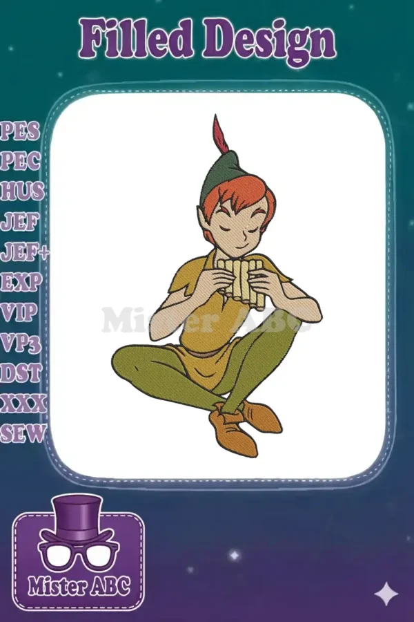A vibrant embroidery design featuring Peter Pan, cross-legged and playing his pan flute, against a white background.