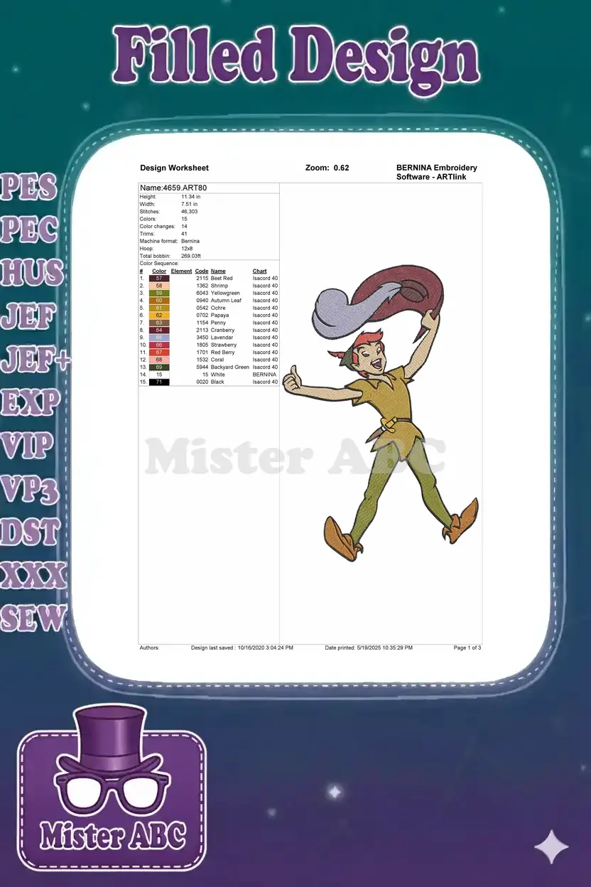 Detailed embroidery design worksheet for Peter Pan, showing dimensions, stitch count, and color sequence.