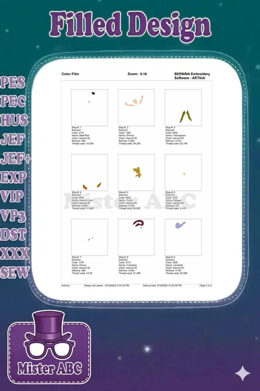 First section of the embroidery color film, illustrating the initial nine thread stops and stitch order.